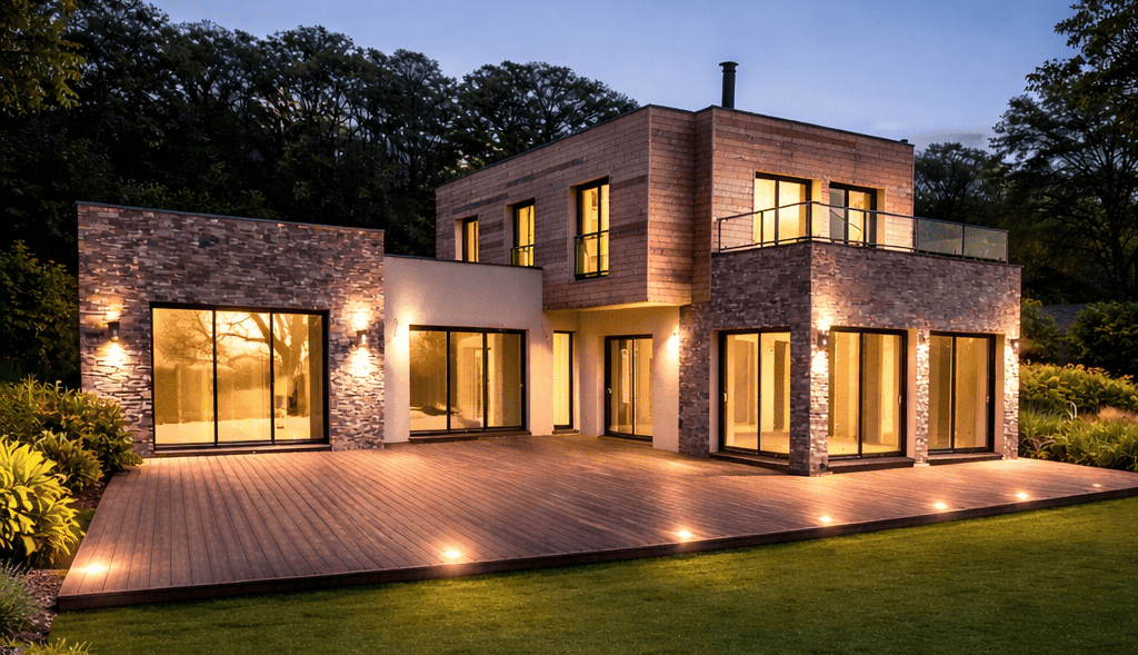 Maison J - Vue de nuit - Constructeur Maison Architecte Toit Plat Terrasse Bois et Pierre (3)