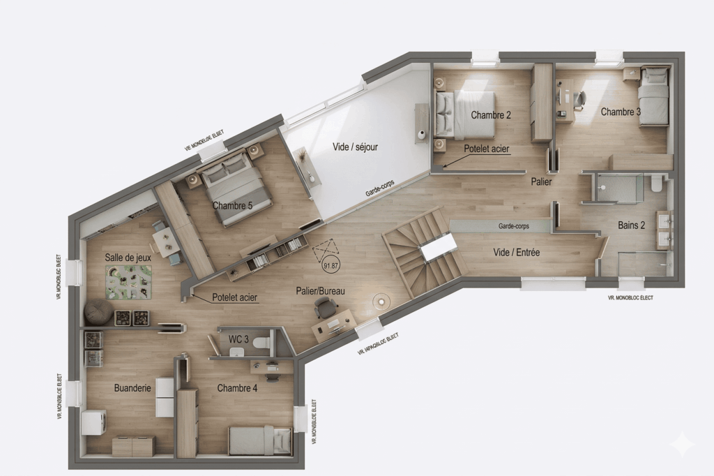 Maison MI - Plan Etage - Maison Moderne Combles Aménages Baie Triangle et Toute Hauteur - Ardoise (1)