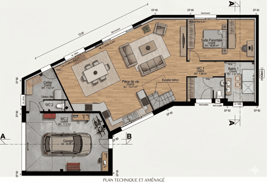 Maison MI - Plan RDC - Maison Moderne Combles Aménages Baie Triangle et Toute Hauteur - Ardoise (8)