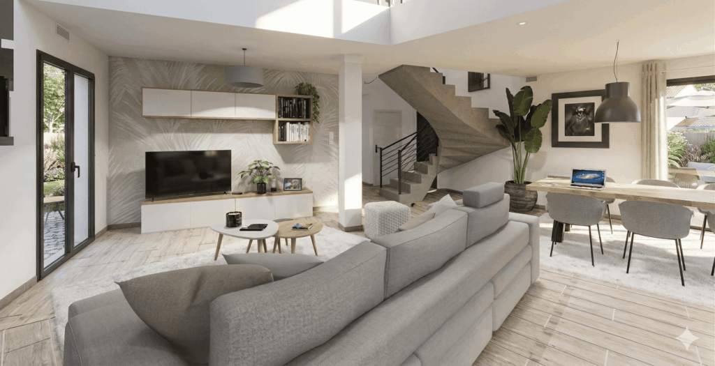 Maison MI - Projection intérieure Maison Moderne Combles Aménages Baie Triangle et Toute Hauteur - Ardoise (2)