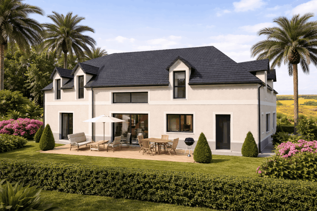 Maison MI - Vue 3D futur - Maison Moderne Combles Aménages Baie Triangle et Toute Hauteur - Ardoise (4)