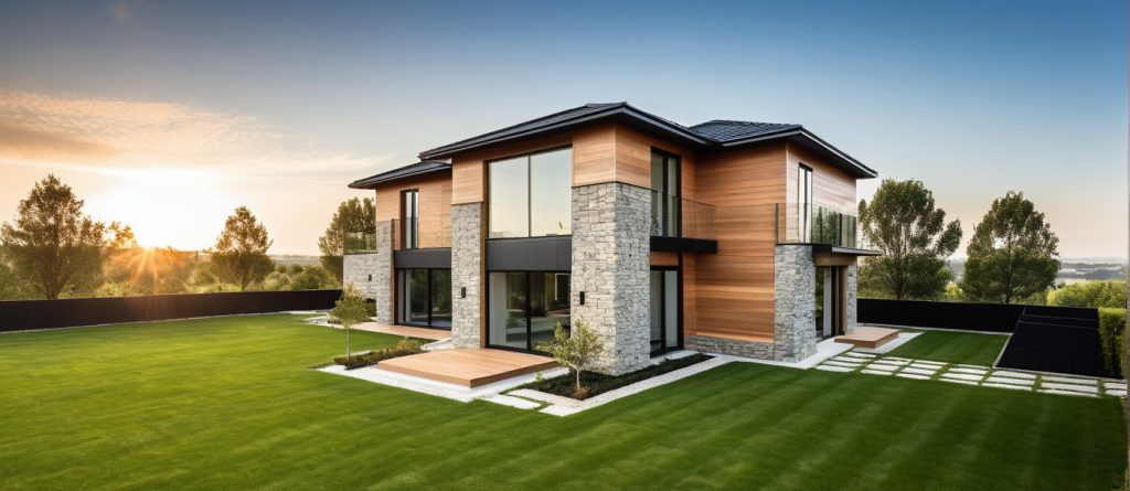 Designer Constructeur Maison Architecte 4 pans et toit plat, bardage bois et parement pierre Saint Remy Honore 78